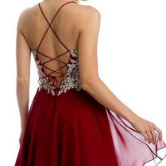 Burgundy Lace Skirt Party Short Dress - Picture 2 of 3